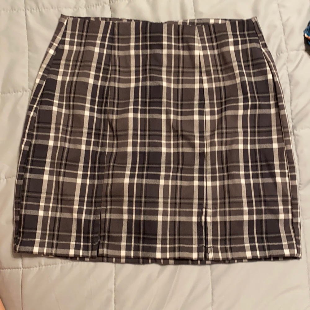black, white, and grey plaid pencil skirt.